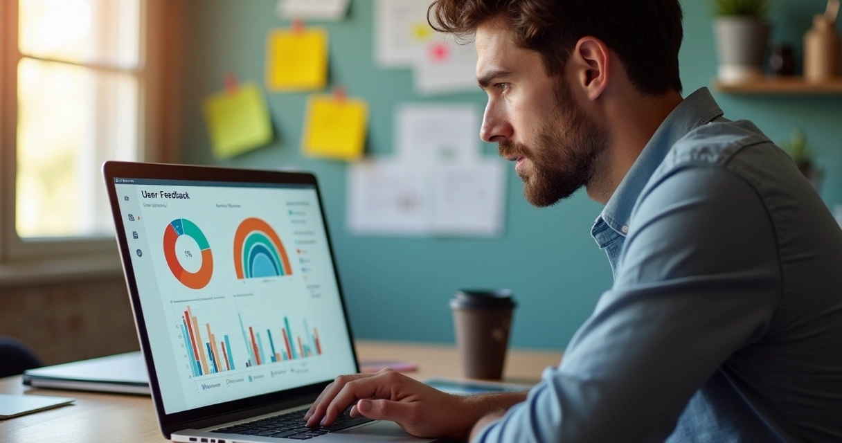 SaaS founder at desk reviewing real-time user feedback on a laptop 