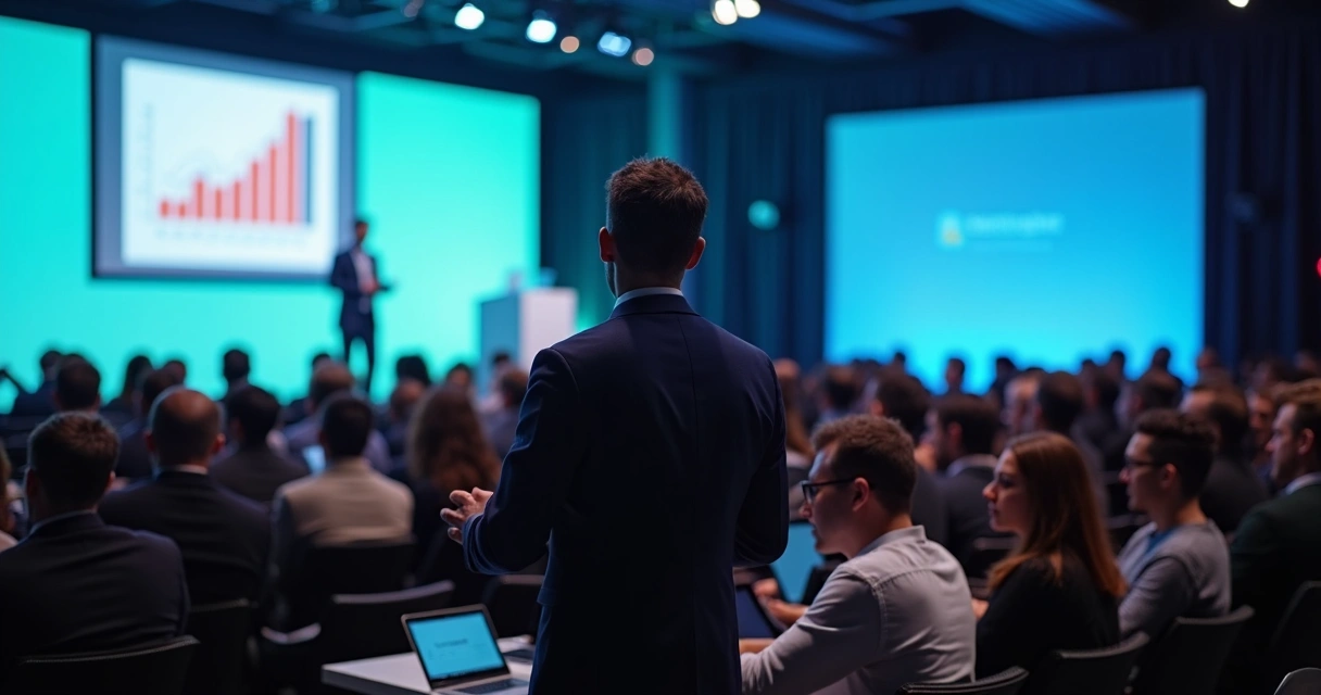 Founder giving a talk in front of an audience 