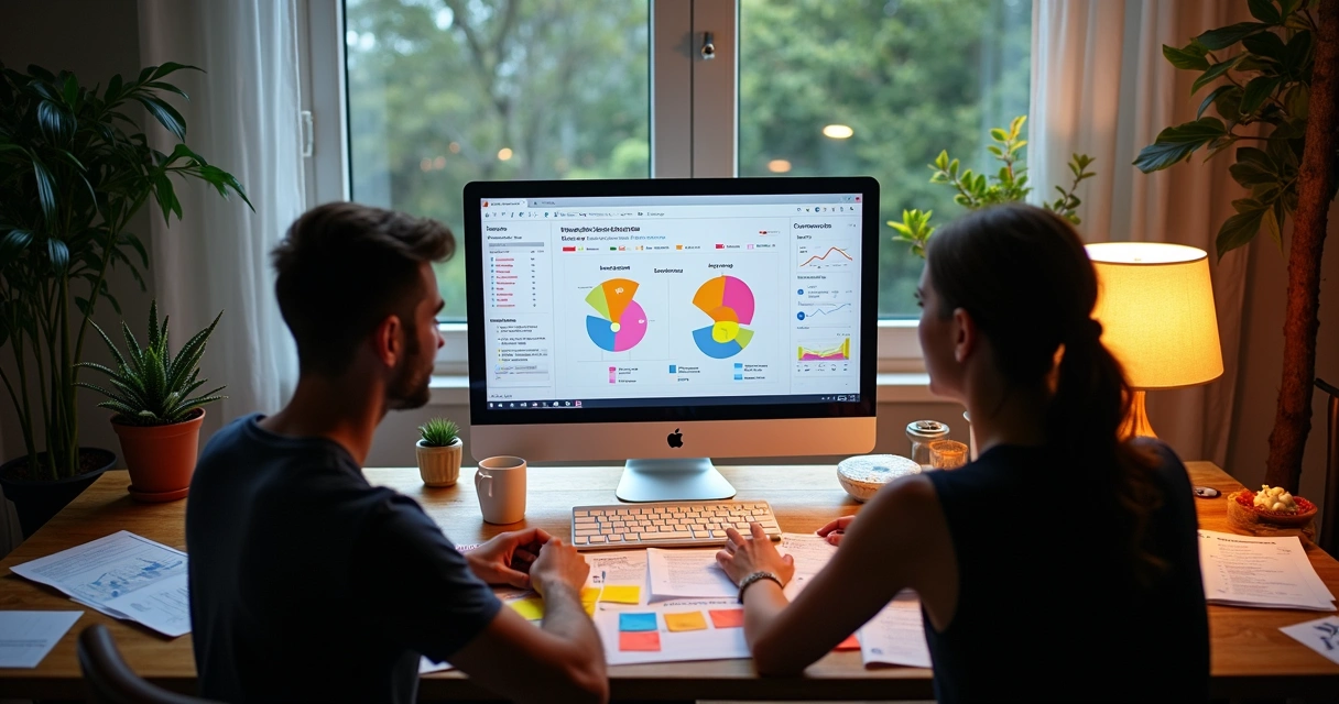 Two startup founders surrounded by sticky notes analyzing user personas and graphs
