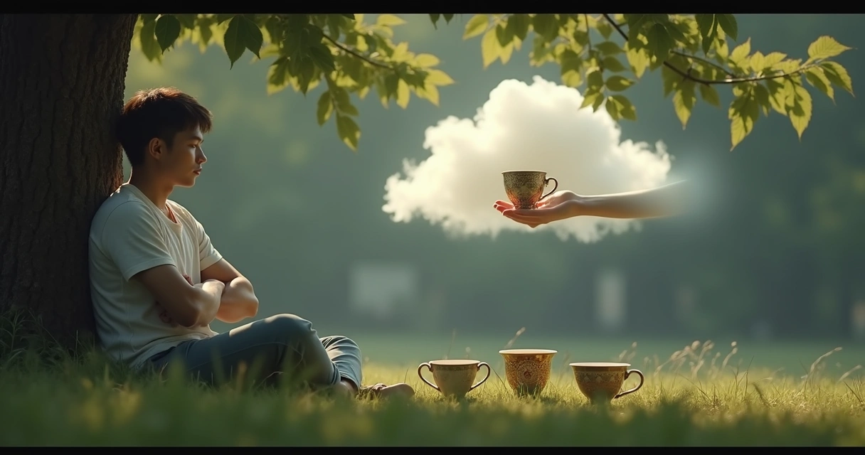 Person sitting under tree with floating cup being offered 