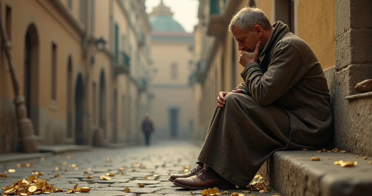 Four of Pentacles tarot card, person holding coins with a cityscape in the background 