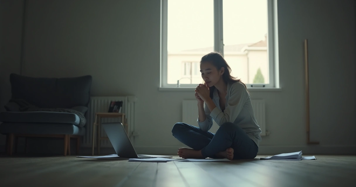 Persona sentada en el suelo reflexionando, luz tenue entrando por la ventana