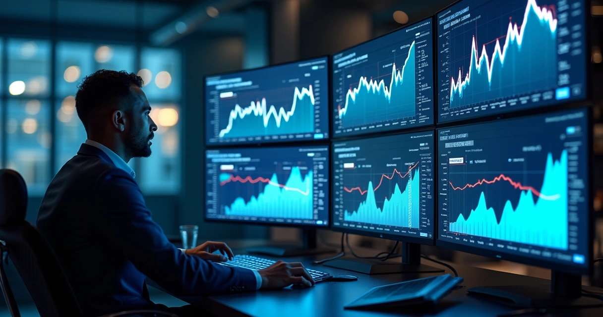 Engenheiro de tecnologia olhando gráficos de análise de dados complexos em múltiplas telas no escritório moderno 