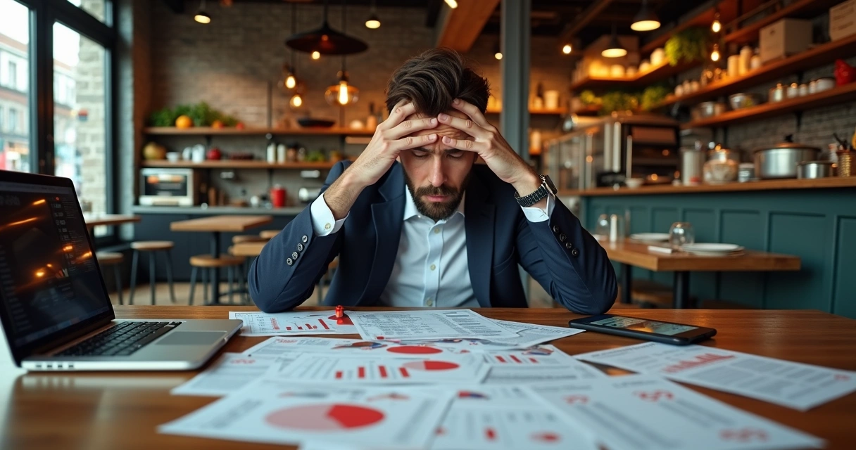 Cozinha de restaurante vazia e bagunçada com gestor preocupado analisando relatórios 