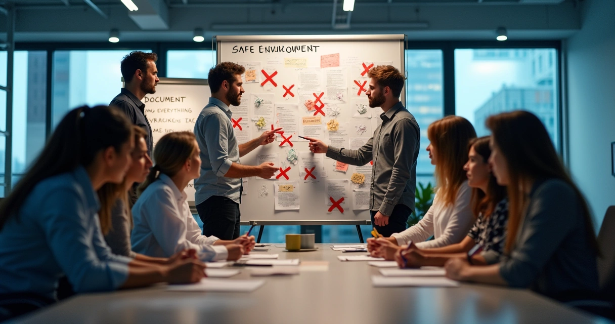 Profissionais colaborando em um escritório moderno, discutindo lições aprendidas com falhas em projetos, com anotações e um quadro de aprendizados.