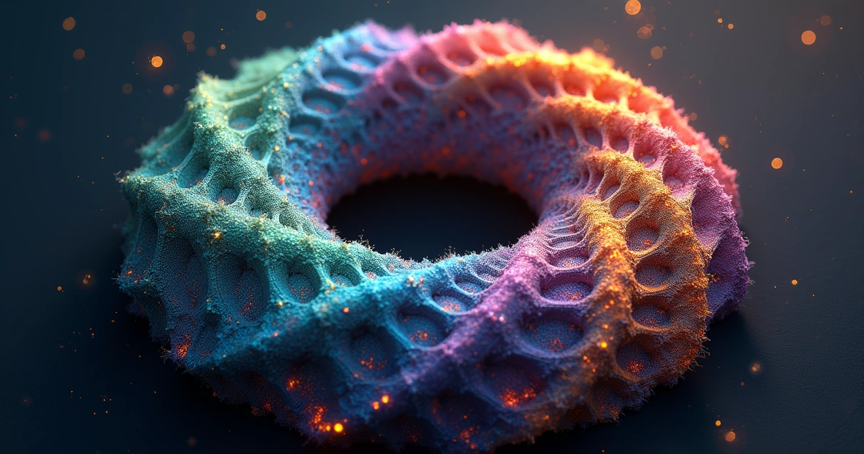 Fractal complexo em forma de bagel com cores vibrantes e detalhes intrincados, representando padrões caóticos e de entropia 