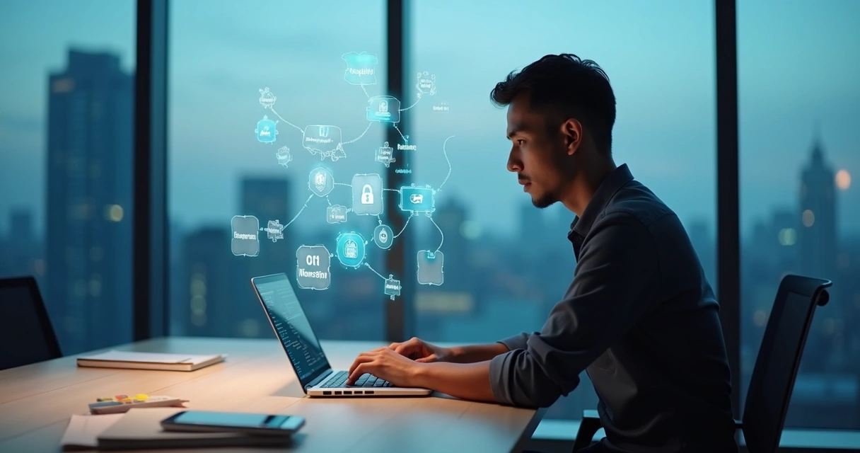 Executivo de tecnologia avaliando peças de quebra-cabeça digitais sobre um laptop em mesa de escritório 