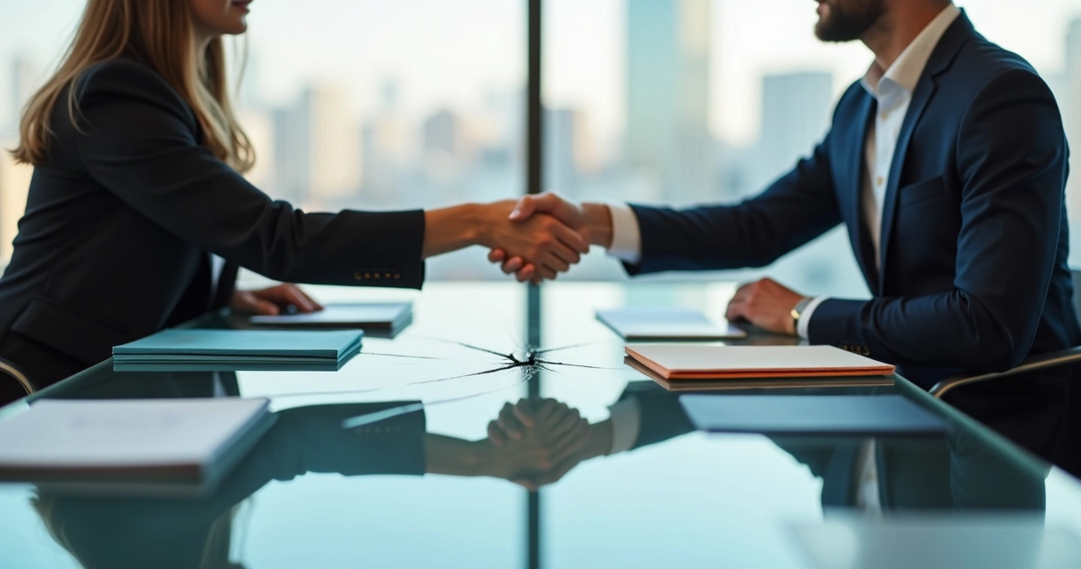Two business partners at a cracked glass table with a distorted handshake 