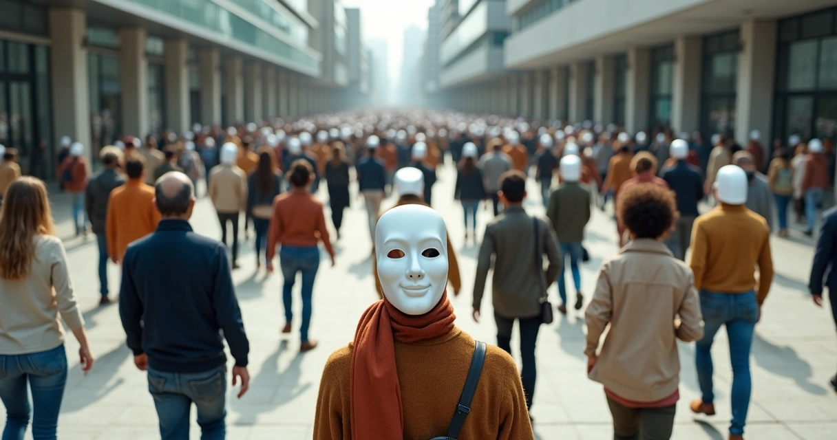Large mosaic of people wearing mismatched masks symbolizing fractured coexistence 