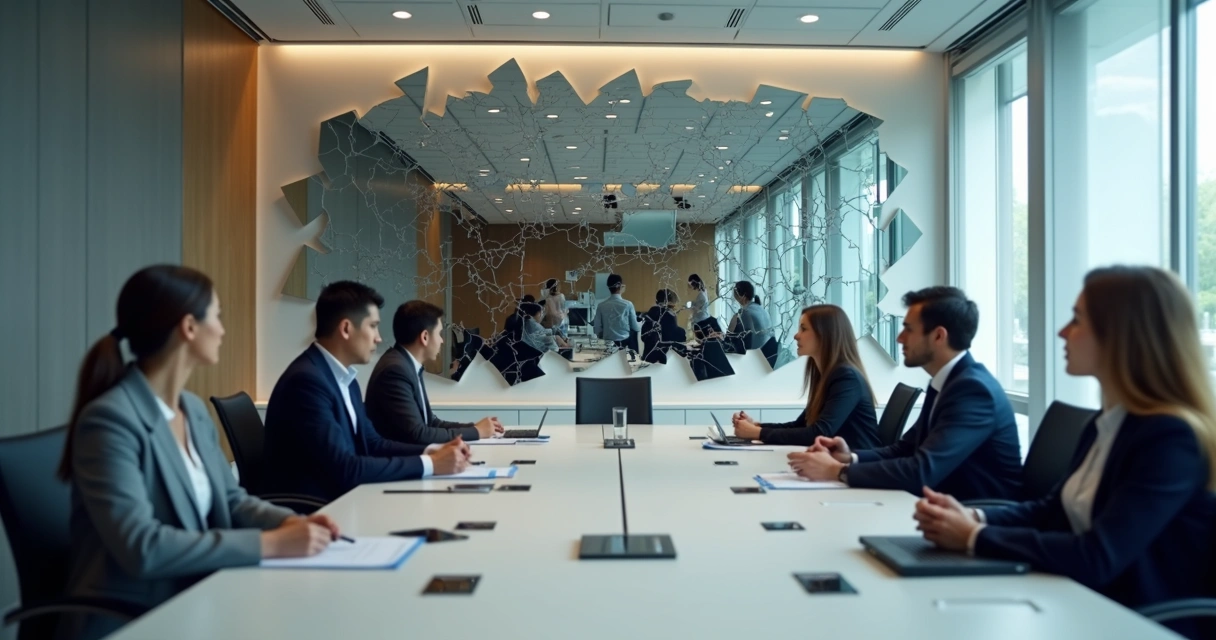 Business team reflected in fragmented mirrors on a meeting room wall 