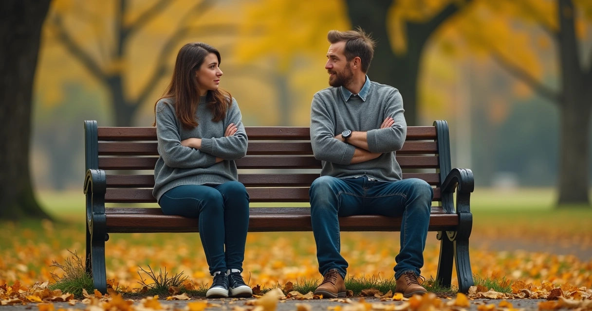 Two friends facing each other on a park bench, having a tense conversation 
