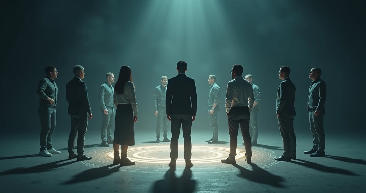 Office team members seen as fragmented light shapes forming an incomplete circle 