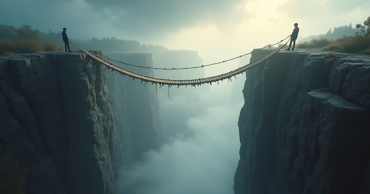 Fragile bridge between cliffs under cloudy sky 