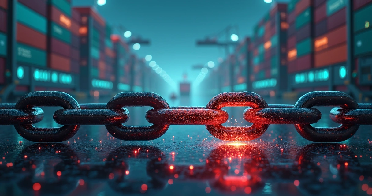 Broken digital chain linking shipping containers and circuit traces 