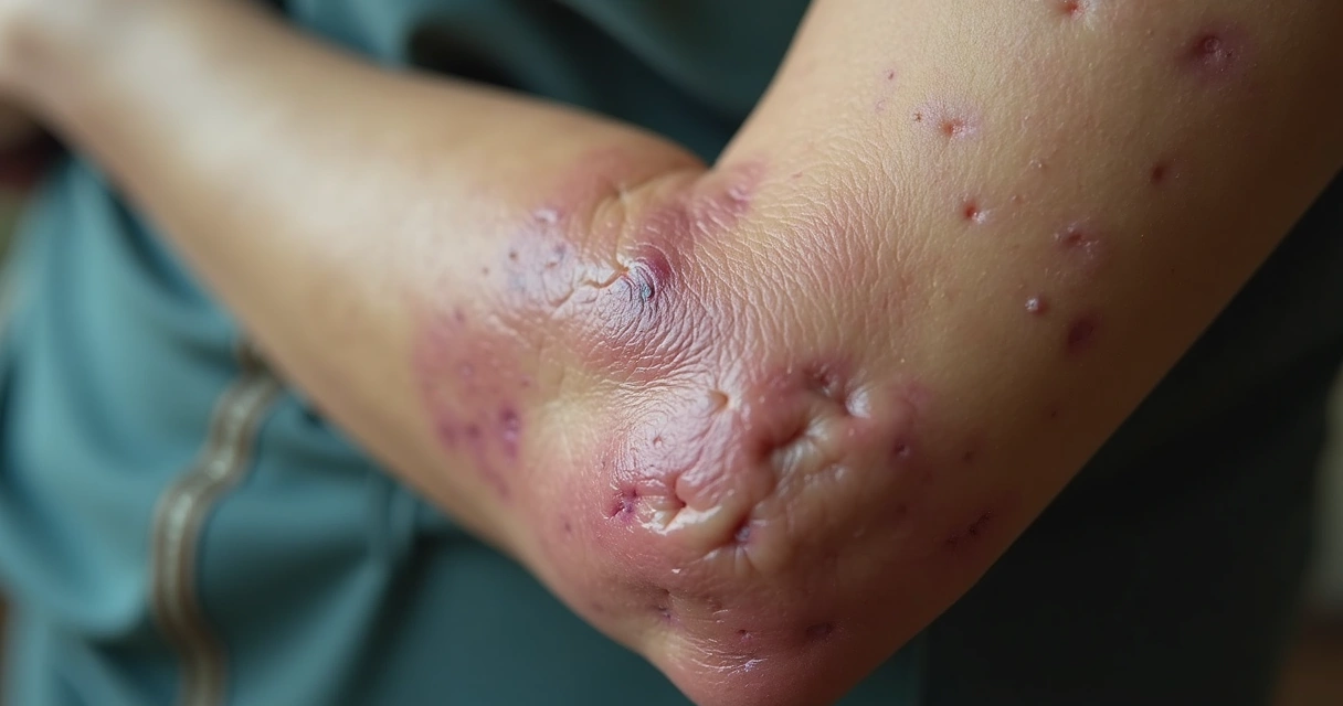 Pele com aparência envelhecida, mostrando vasos sanguíneos frágeis e pequenos roxos na superfície