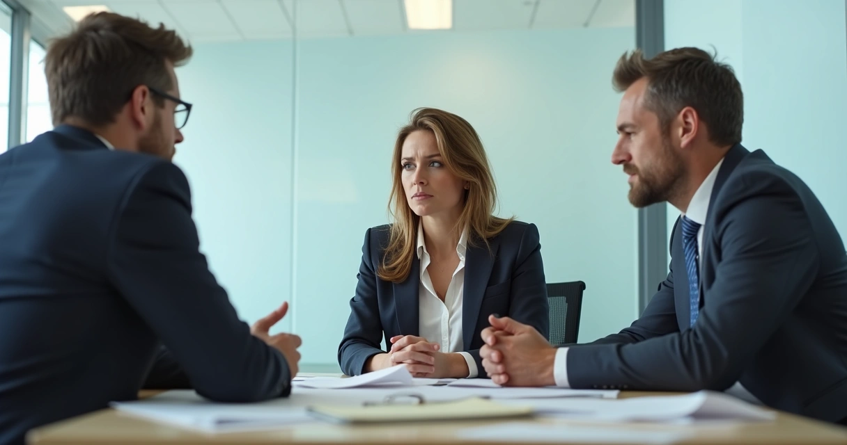 Três pessoas em uma sala de reunião, cada uma olhando para uma direção diferente, representando falta de conexão 