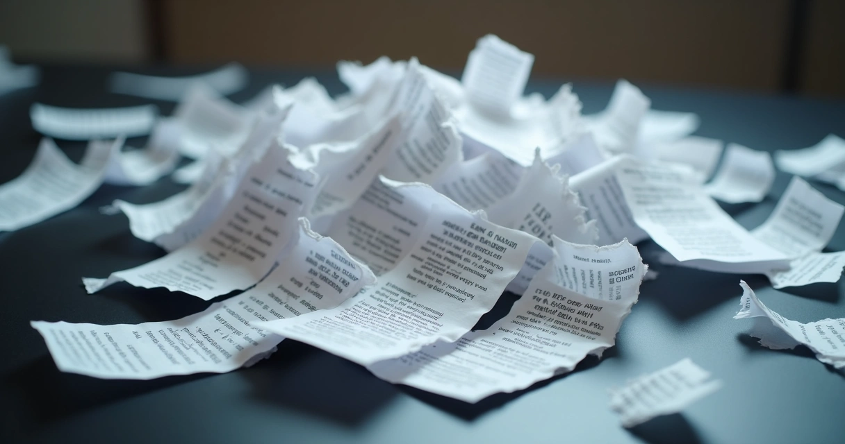 Fragmentos de papel de documentos confidenciais após destruição 