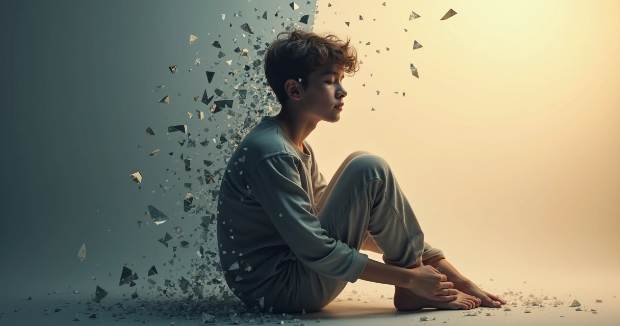 Pessoa dividida entre peças quebradas e luz simbolizando equilíbrio emocional 