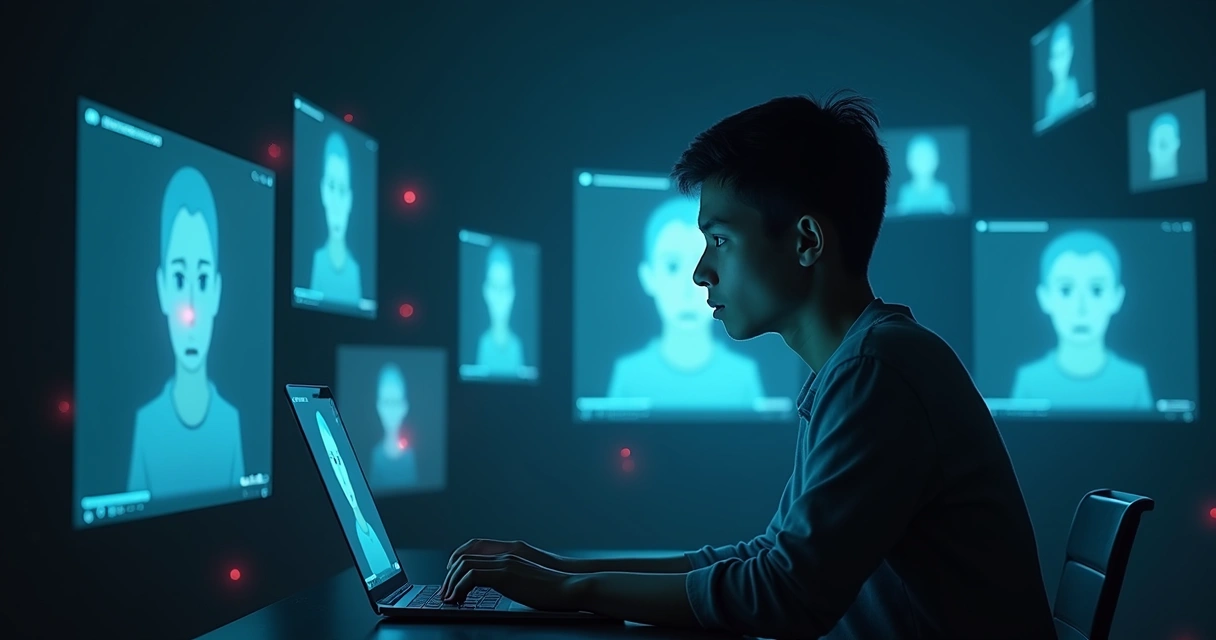 Pessoa fragmentada em várias janelas de tela em ambiente digital escuro 