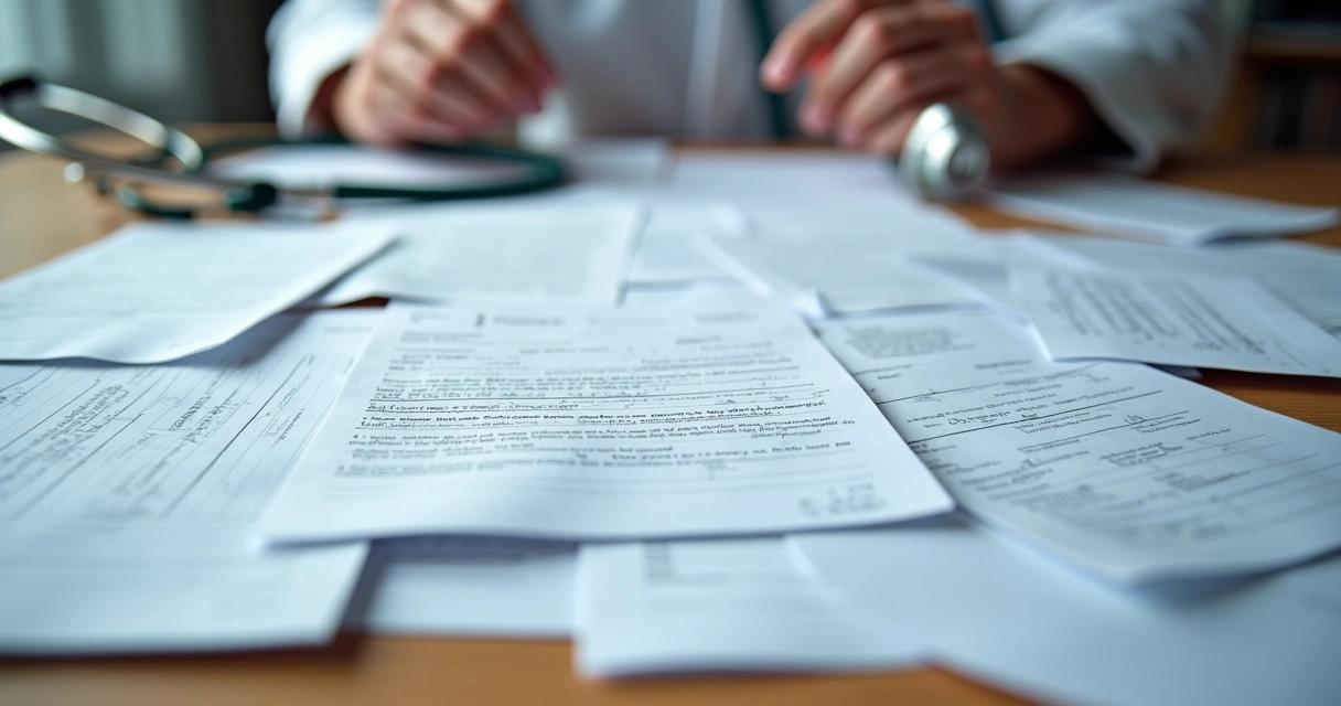 Fragmentação do prontuário médico representada por folhas separadas em uma mesa 