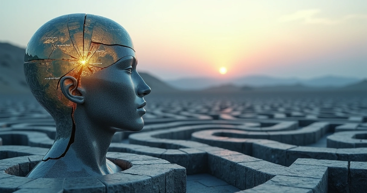 Human profile formed by mosaic shards facing a clear sky beyond a labyrinth 