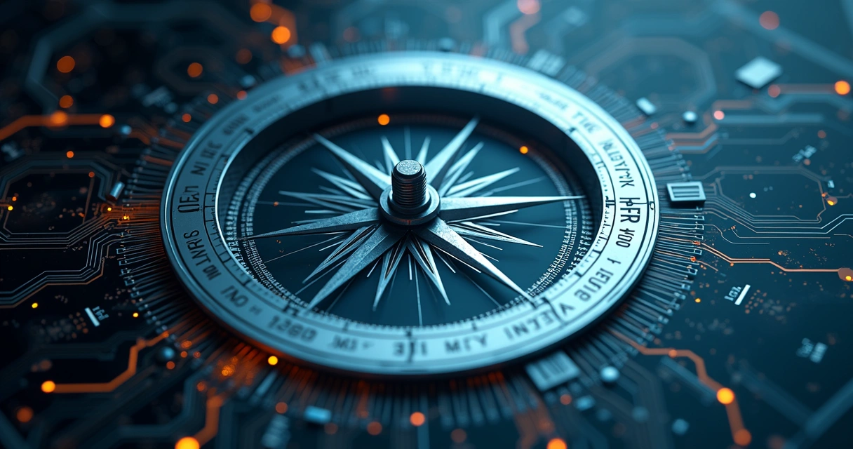 Glass compass on digital circuit board showing distorted directions 