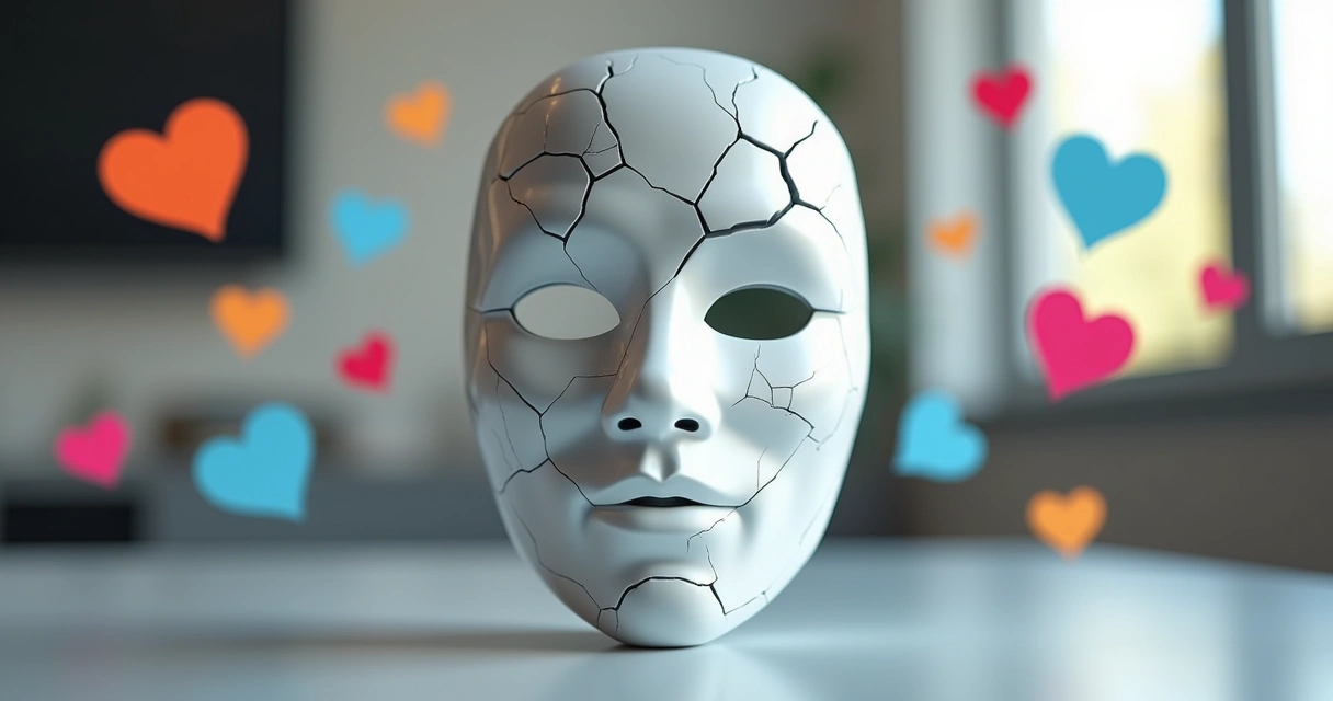 White mask cracked in several places with social media icons around 