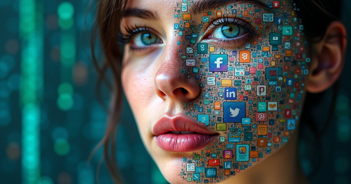 Mosaic of human faces and digital icons representing fragmented identity 