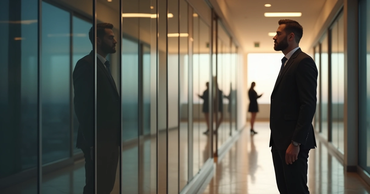 Leader seeing fragmented reflection divided into multiple panels 