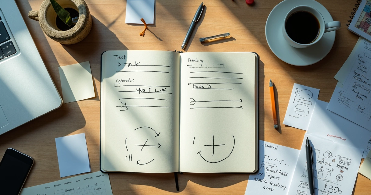 Desk with scattered notes and a notebook divided into disconnected sections