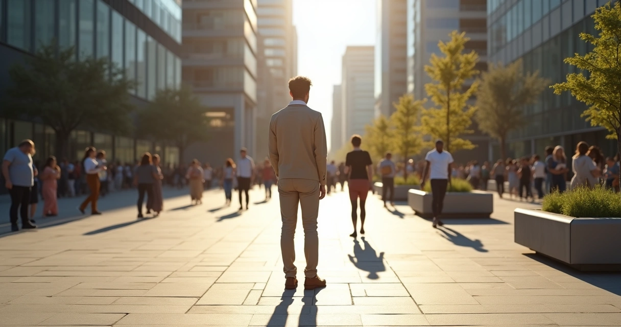 Person casting two contrasting shadows in a busy city square 