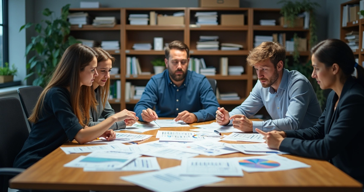 Overlapping spreadsheets and confused team around table 