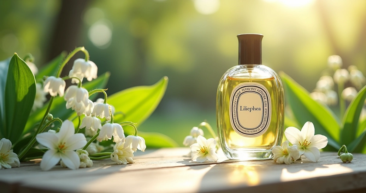 Frasco de perfume Liliphea Diptyque sobre mesa em madeira clara com flores de lírio-do-vale e folhas verdes ao redor, luz natural suave e ambiente de jardim ensolarado 