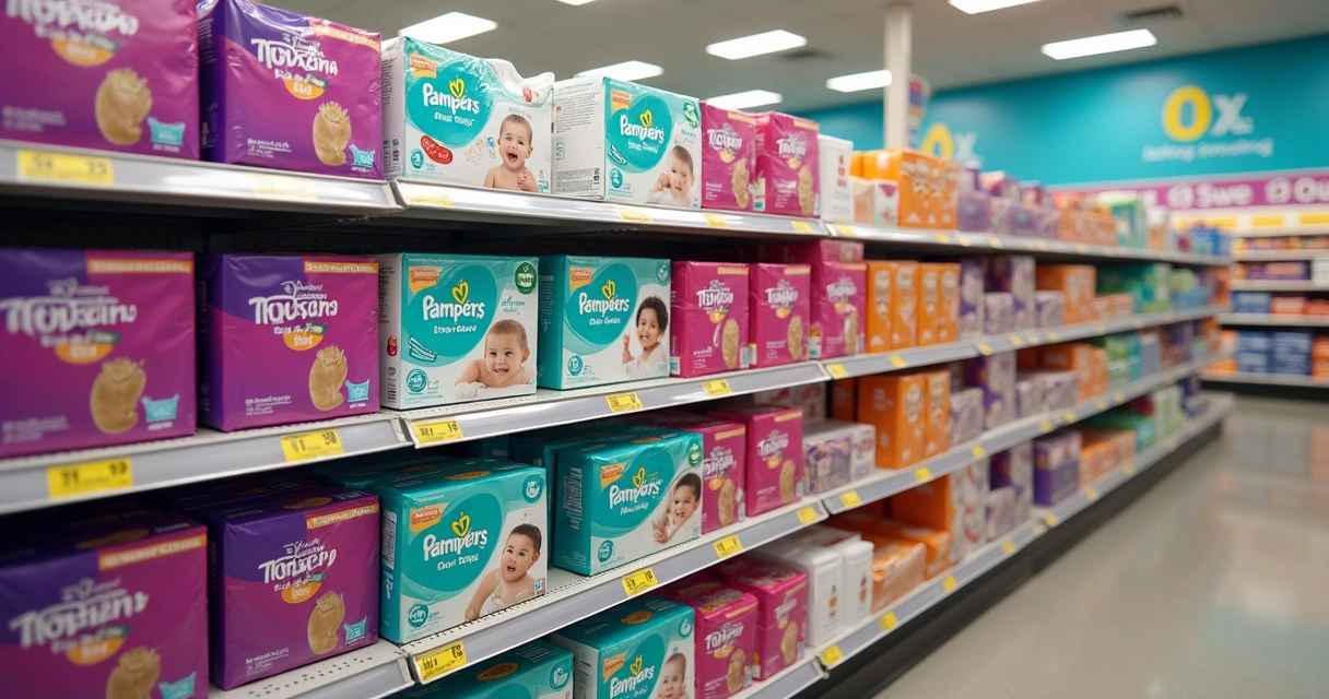 Produtos de fraldas e absorventes dispostos em prateleira de supermercado