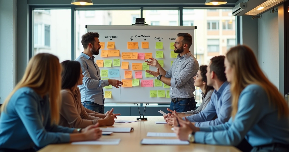 Equipe de trabalho ao redor de uma mesa analisando quadro com pilares e perguntas reflexivas 