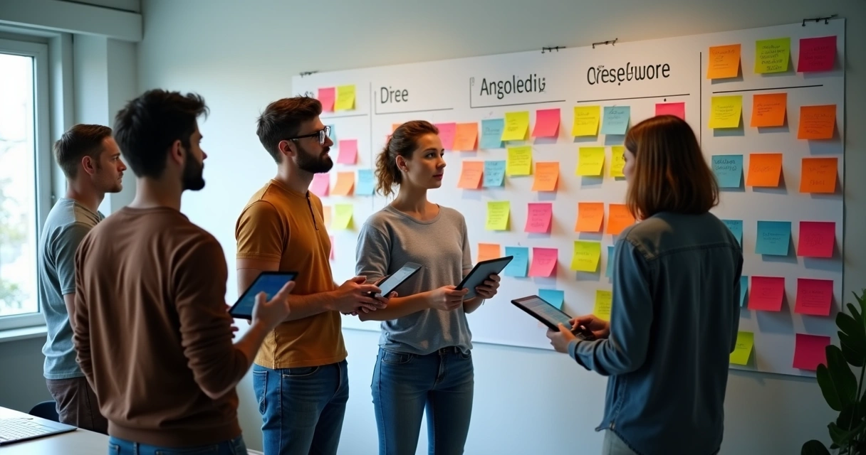 Equipe organizando tarefas com frameworks ágeis na parede 