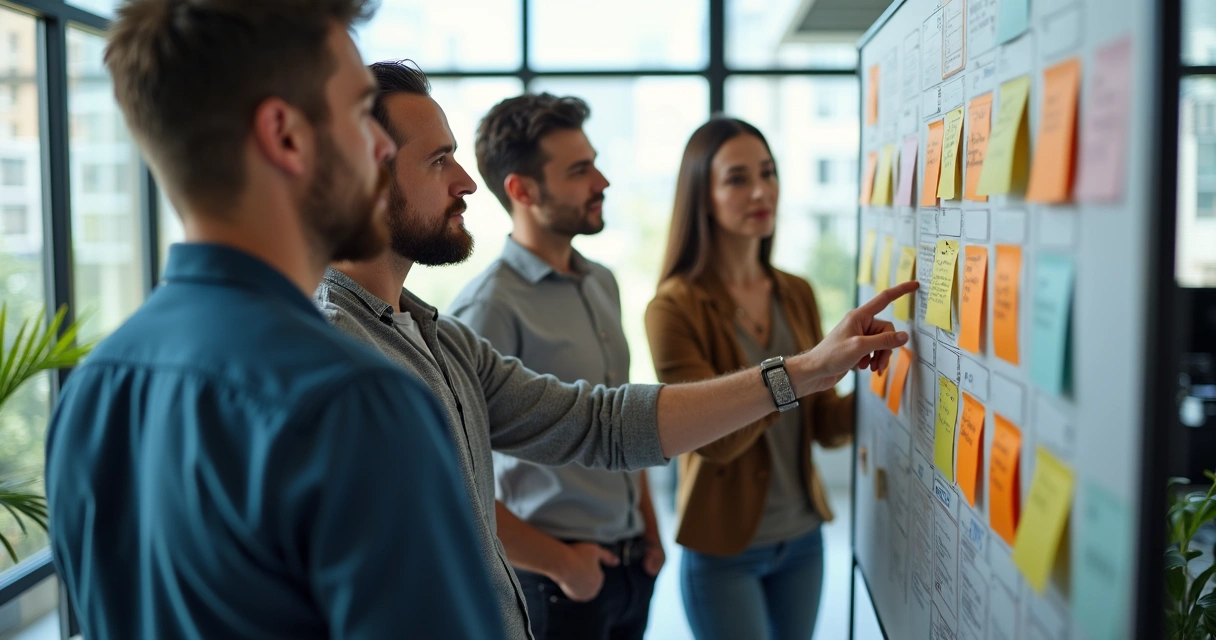 Equipe em reunião usando quadro com cartões para gerir tarefas
