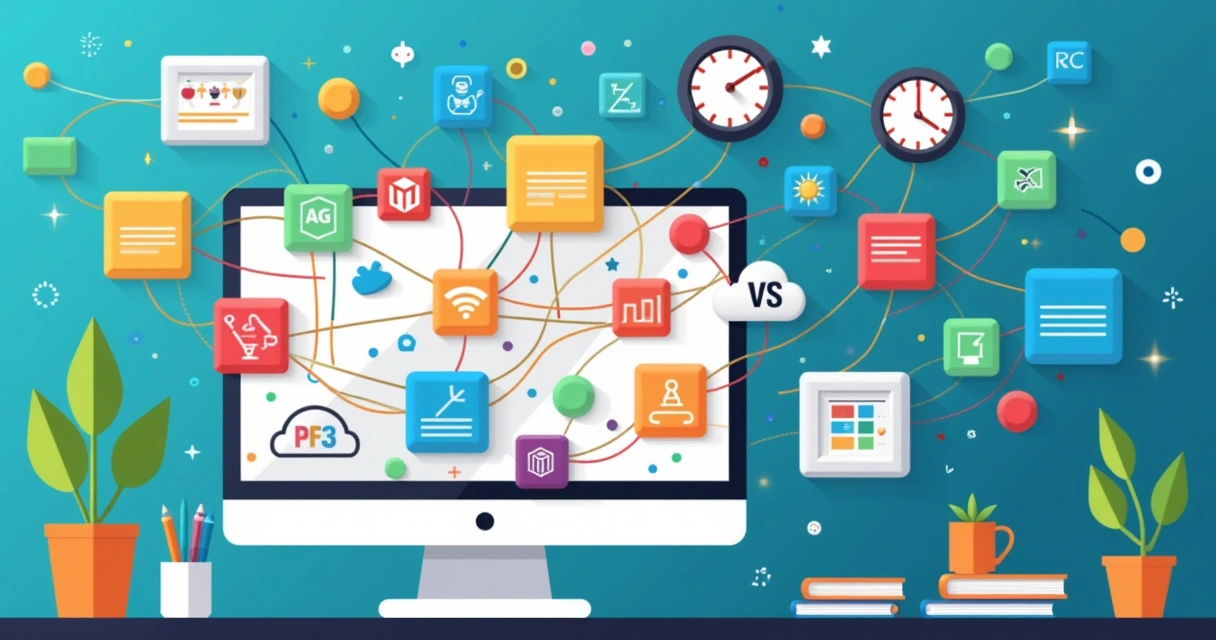 Várias bibliotecas e frameworks JavaScript em ícones interligados em tela de computador