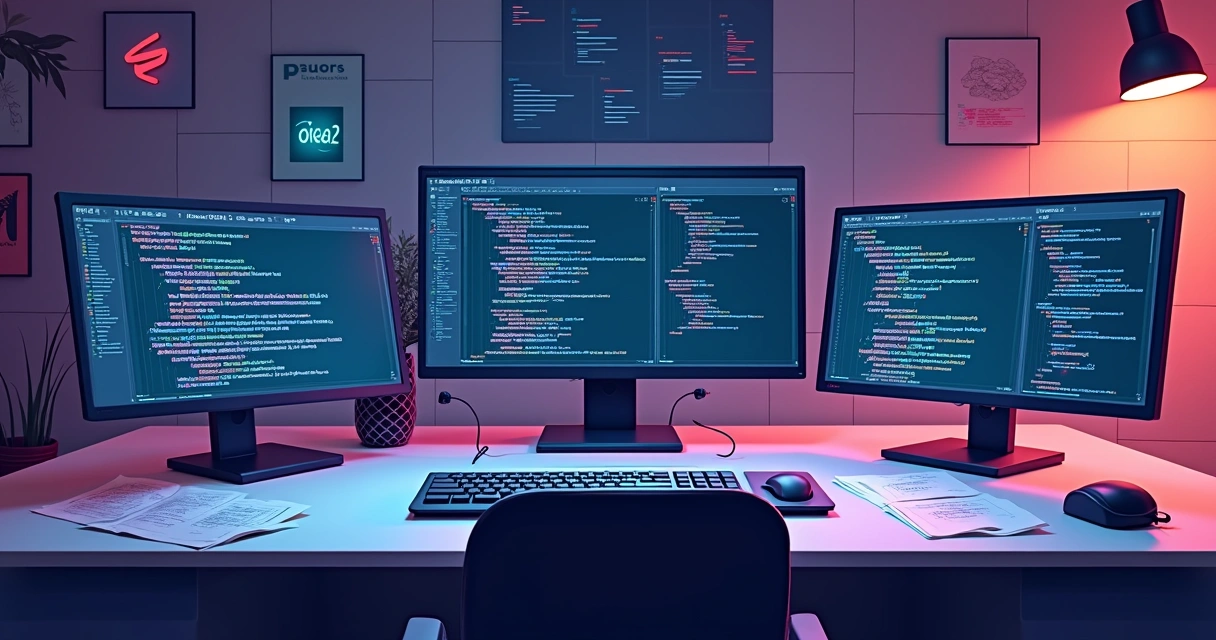 Painel mostrando códigos de diferentes frameworks em telas variadas 
