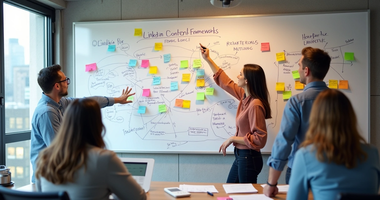 Quadro branco com esquemas de frameworks de conteúdo e post-its coloridos 