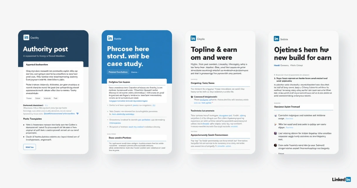 Modelos de posts para LinkedIn com diferentes estruturas visuais 