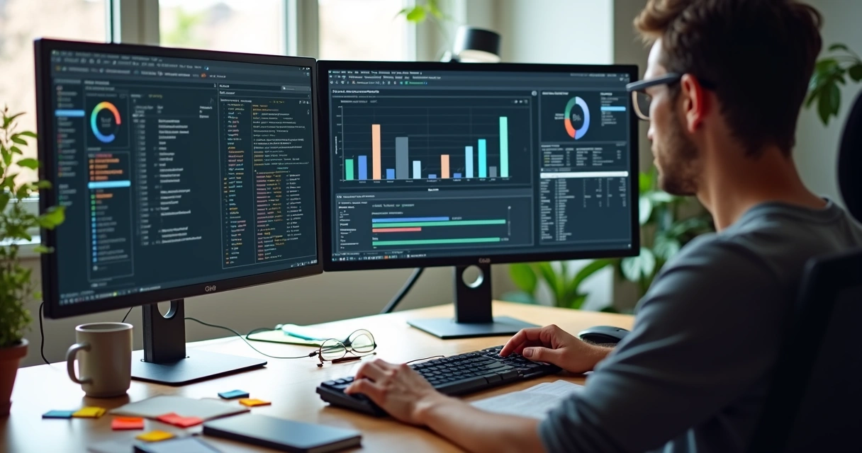 Developer at desk analyzing web frameworks chart 