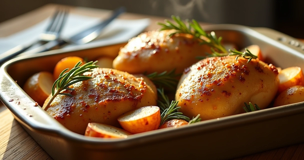 Frango assado com batatas e ramos de alecrim dourados em travessa 
