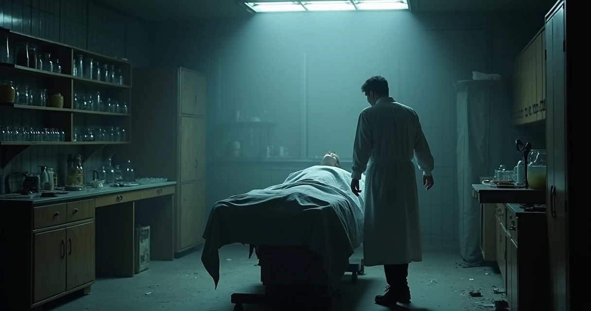 Cena mostrando um cientista de costas abandonando seu experimento em um laboratório escuro 