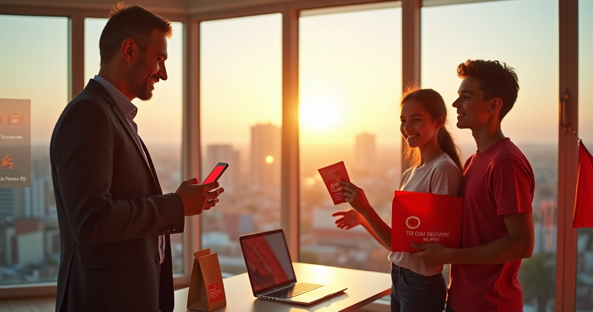 Franqueado de delivery com família em frente a painel de cidade e aplicativo 