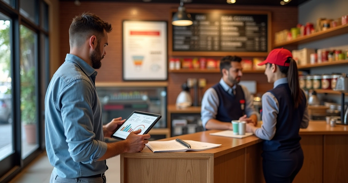 Franqueado analisa painel de indicadores dentro de loja de franquia em operação 