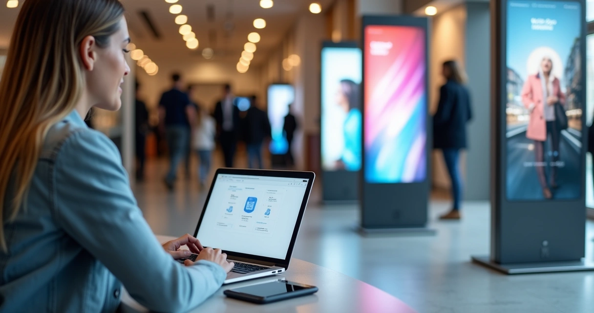 Franqueado administrando negócio de franquia lucrativa com notebook e totens digitais ao fundo 