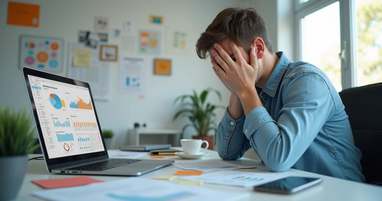 Empreendedor de franquia de marketing preocupado em frente ao notebook em escritório moderno 