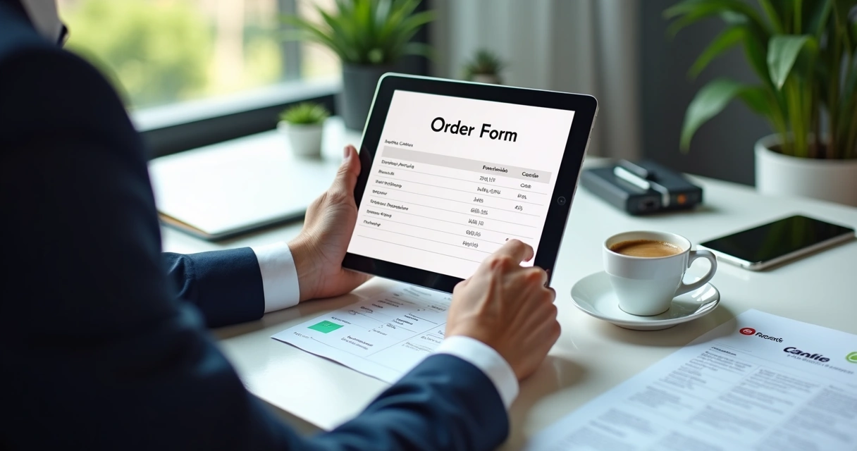 Pessoa preenchendo pedido digital em tablet com gestão de franquias 