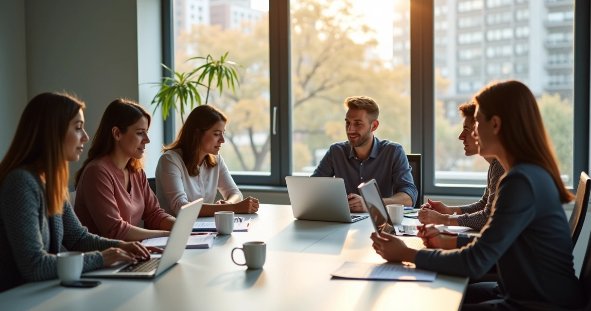 Grupo de franqueados conversando em uma sala de reuniões, com notebooks sobre a mesa.